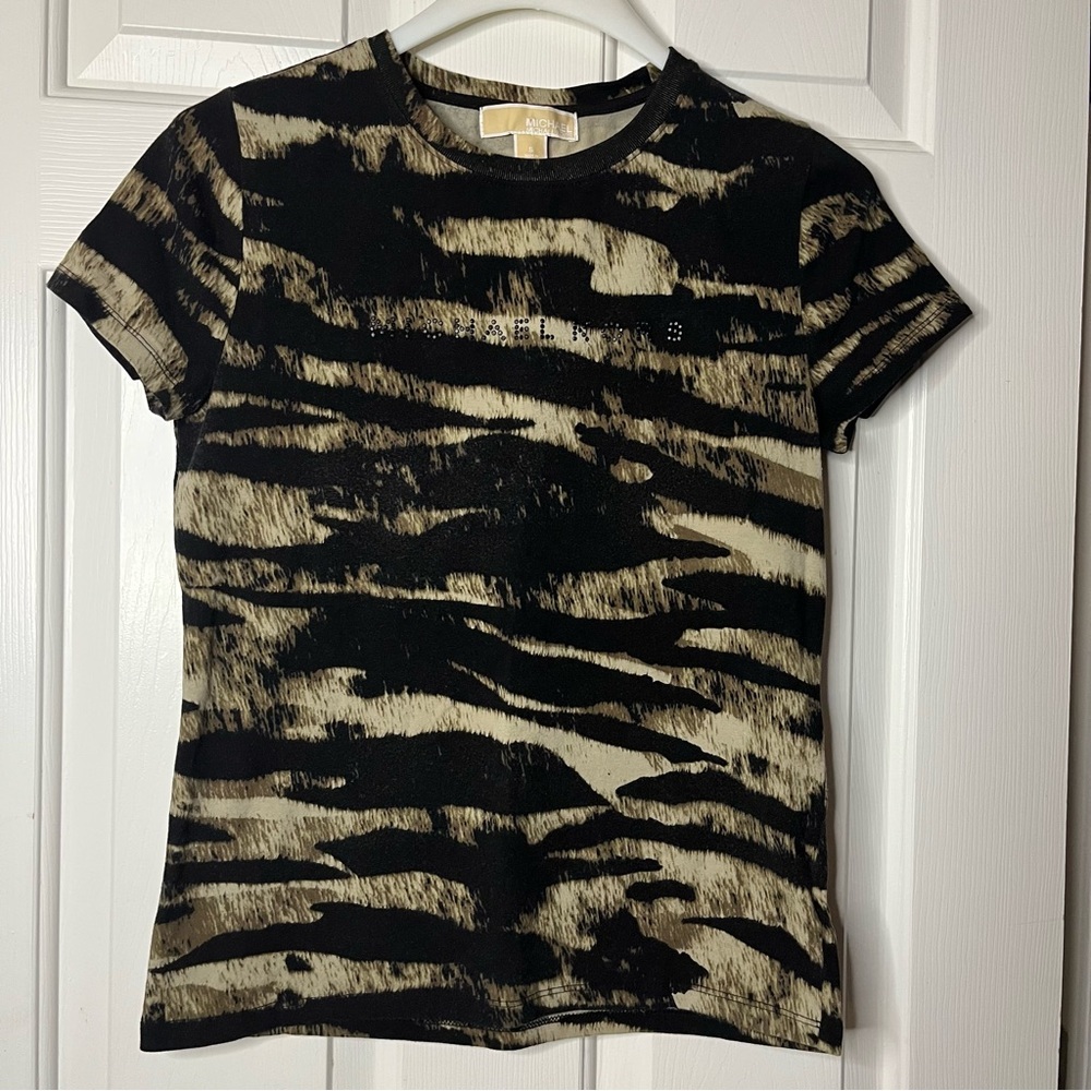 Michael Kors Women's Zebra Print Black and Tan Graphic Fitted Tee Shirt Size S